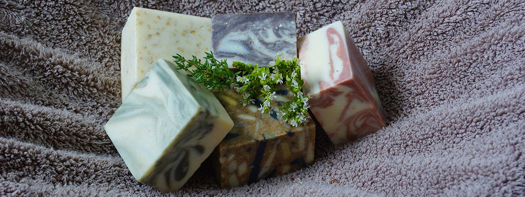 Handmade block soaps showing their marbled patterns