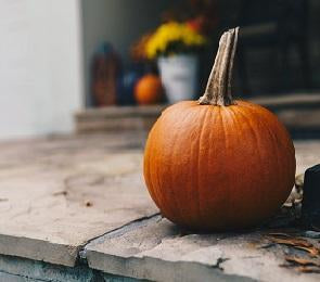 Small pumpkin on the ground on someone's porch